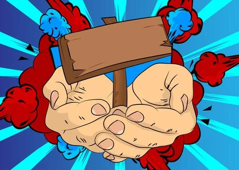 Cartoon, comic book human hands holding wood signboard. Retro vector comics.. Stock Illustration