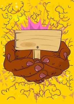 Cartoon, comic book human hands holding wood signboard. Retro vector comics.. Stock Illustration