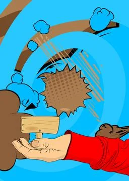 Cartoon, comic book human hands holding wood signboard. Retro vector comics.. Stock Illustration