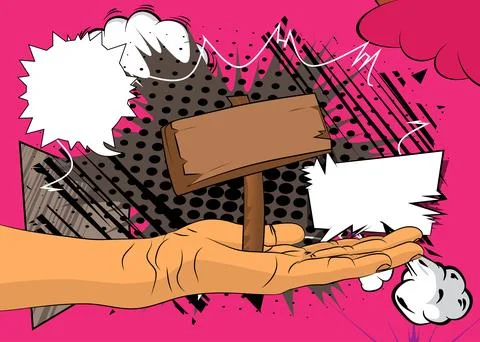 Cartoon, comic book human hands holding wood signboard. Retro vector comics.. Stock Illustration