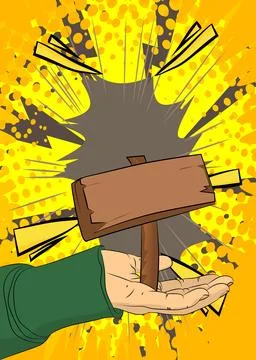 Cartoon, comic book human hands holding wood signboard. Retro vector comics.. Stock Illustration