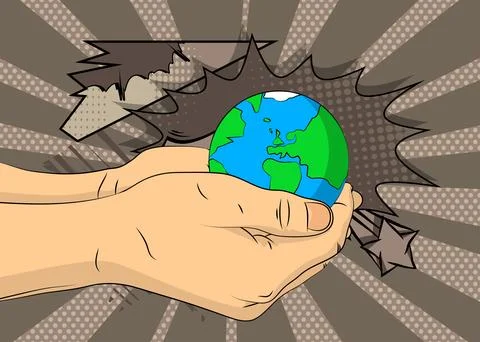Cartoon, comic book human hands holding planet Earth. Retro vector comics p.. Stock Illustration
