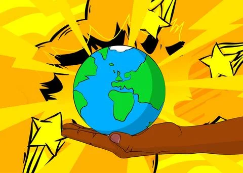 Cartoon, comic book human hands holding planet Earth. Retro vector comics p.. Stock Illustration