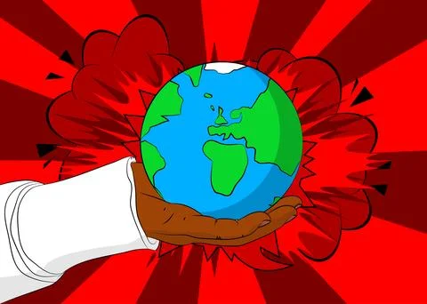 Cartoon, comic book human hands holding planet Earth. Retro vector comics p.. Stock Illustration