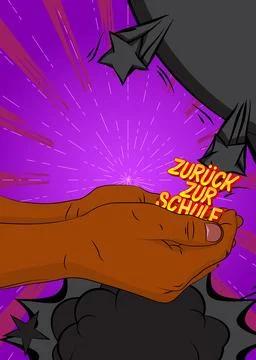 Cartoon, comic book human hands holding German text "Zurck zur Schule", tra.. Stockillustratie