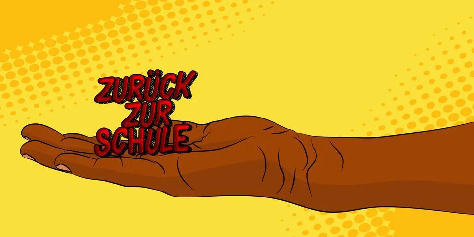 Cartoon, comic book human hands holding German text "Zurck zur Schule", tra.. Stockillustratie