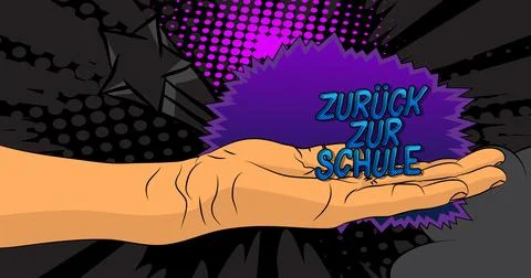 Cartoon, comic book human hands holding German text "Zurck zur Schule", tra.. Stockillustratie