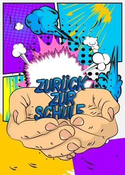 Cartoon, comic book human hands holding German text "Zurck zur Schule", tra.. Stockillustratie