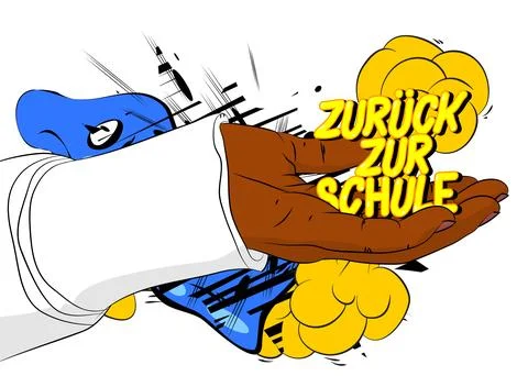 Cartoon, comic book human hands holding German text "Zurck zur Schule", tra.. Stockillustratie