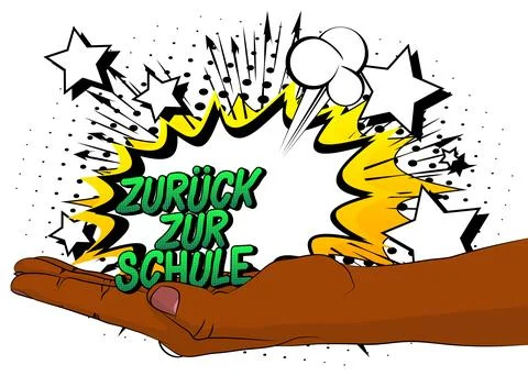 Cartoon, comic book human hands holding German text "Zurck zur Schule", tra.. Stockillustratie