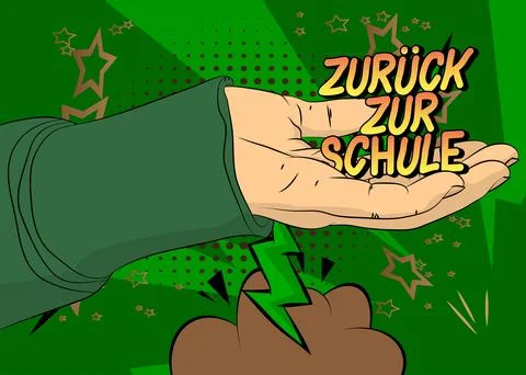 Cartoon, comic book human hands holding German text "Zurck zur Schule", tra.. Stockillustratie
