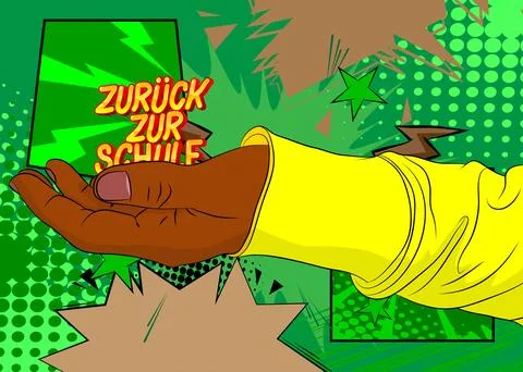 Cartoon, comic book human hands holding German text "Zurck zur Schule", tra.. Stockillustratie