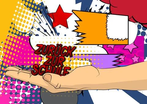 Cartoon, comic book human hands holding German text "Zurck zur Schule", tra.. Stockillustratie