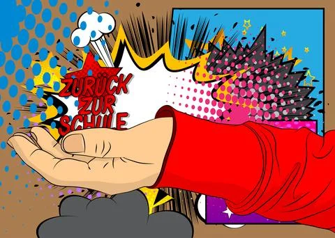 Cartoon, comic book human hands holding German text "Zurck zur Schule", tra.. Stockillustratie