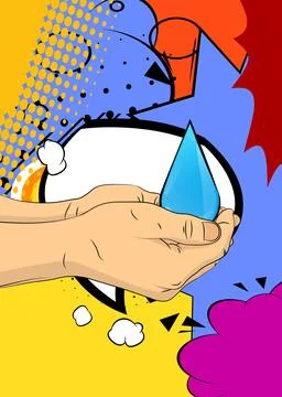 Cartoon, comic book human hands holding Water Drop. Retro vector comics pop.. Stock Illustration