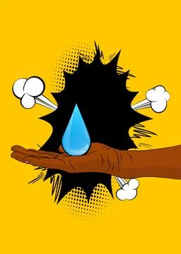 Cartoon, comic book human hands holding Water Drop. Retro vector comics pop.. Stock Illustration