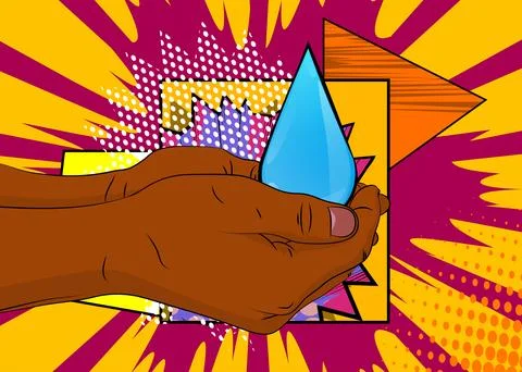 Cartoon, comic book human hands holding Water Drop. Retro vector comics pop.. Stock Illustration