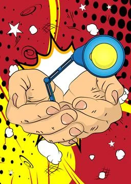 Cartoon, comic book human hands holding Office lamp. Retro vector comics po.. Stock Illustration