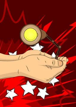 Cartoon, comic book human hands holding Office lamp. Retro vector comics po.. Stock Illustration