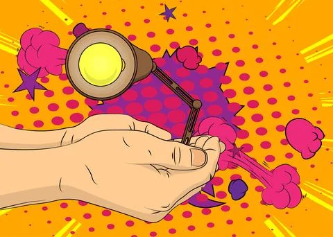 Cartoon, comic book human hands holding Office lamp. Retro vector comics po.. Stock Illustration
