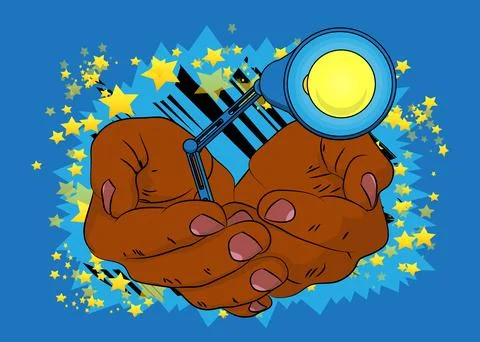 Cartoon, comic book human hands holding Office lamp. Retro vector comics po.. Stock Illustration