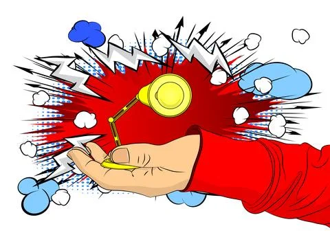 Cartoon, comic book human hands holding Office lamp. Retro vector comics po.. Stock Illustration