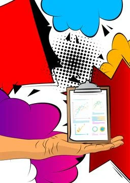 Cartoon, comic book human hands holding business report. Retro vector comic.. Stock Illustration