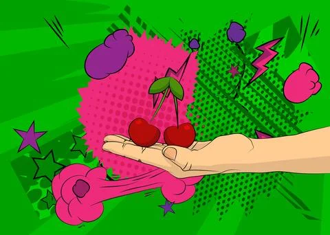 Cartoon, comic book human hands holding Cherry. Retro vector comics pop art.. Illustrazione stock