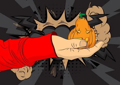 Cartoon, comic book human hands holding Jack-O-Lantern, Halloween Pumpkin. .. Stock Illustration