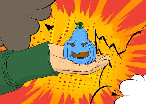 Cartoon, comic book human hands holding Jack-O-Lantern, Halloween Pumpkin. .. Stock Illustration