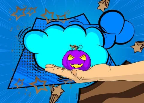 Cartoon, comic book human hands holding Jack-O-Lantern, Halloween Pumpkin. .. Stock Illustration