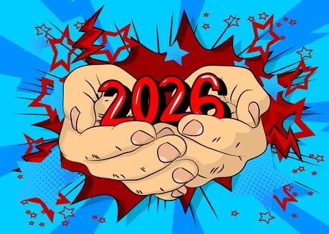 Cartoon, comic book human hands holding 2026. Retro vector comics pop art d.. Stock Illustration