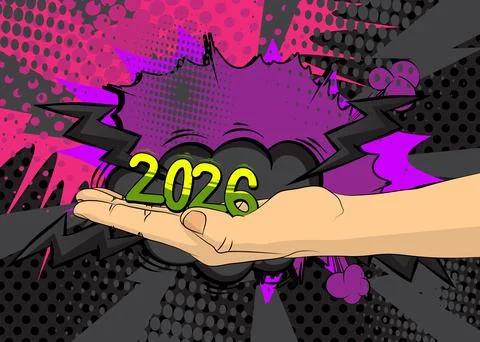 Cartoon, comic book human hands holding 2026. Retro vector comics pop art d.. Stock Illustration