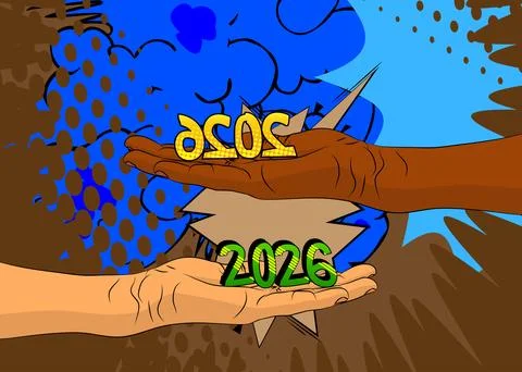 Cartoon, comic book human hands holding 2026. Retro vector comics pop art d.. Stock Illustration