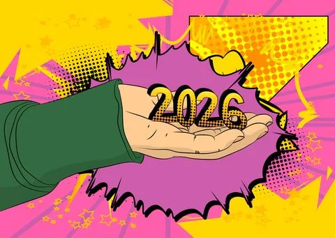 Cartoon, comic book human hands holding 2026. Retro vector comics pop art d.. Stock Illustration