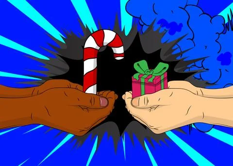 Cartoon, comic book human hands holding Gift Box and Candy cane. Retro vect.. Illustrazione stock