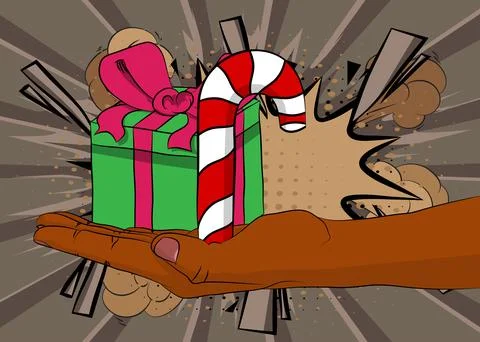 Cartoon, comic book human hands holding Gift Box and Candy cane. Retro vect.. 스톡 일러스트