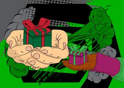 Cartoon, comic book human hands holding Gift Box and number 2026. Retro vec.. 스톡 일러스트