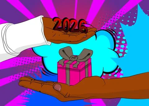 Cartoon, comic book human hands holding Gift Box and number 2026. Retro vec.. Stock Illustration