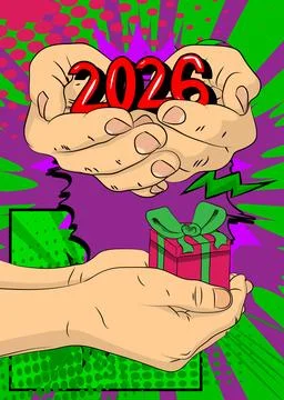 Cartoon, comic book human hands holding Gift Box and number 2026. Retro vec.. Illustrazione stock