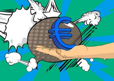 Cartoon, comic book human hands holding Euro Sign. Retro vector comics pop .. Stock Illustration