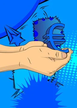 Cartoon, comic book human hands holding Euro Sign. Retro vector comics pop .. Stock Illustration