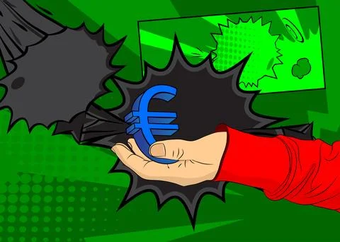 Cartoon, comic book human hands holding Euro Sign. Retro vector comics pop .. Stock Illustration