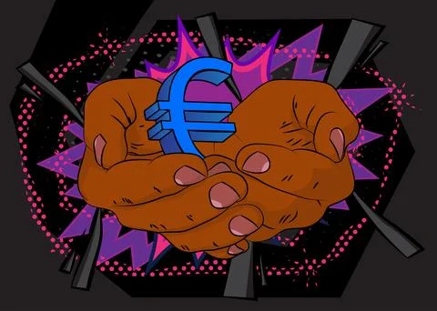 Cartoon, comic book human hands holding Euro Sign. Retro vector comics pop .. Stock-Illustration