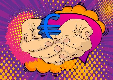 Cartoon, comic book human hands holding Euro Sign. Retro vector comics pop .. Stock-Illustration
