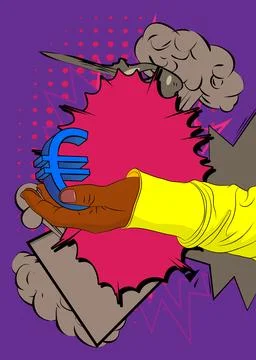 Cartoon, comic book human hands holding Euro Sign. Retro vector comics pop .. Stock Illustration