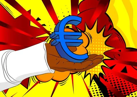 Cartoon, comic book human hands holding Euro Sign. Retro vector comics pop .. Stock Illustration