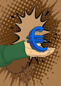 Cartoon, comic book human hands holding Euro Sign. Retro vector comics pop .. Stock-Illustration