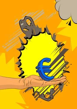 Cartoon, comic book human hands holding Euro Sign. Retro vector comics pop .. Stock Illustration