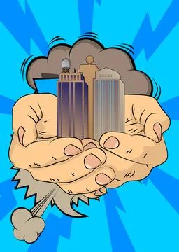 Cartoon, comic book human hands holding Skyscraper. Retro vector comics pop.. Stock Illustration
